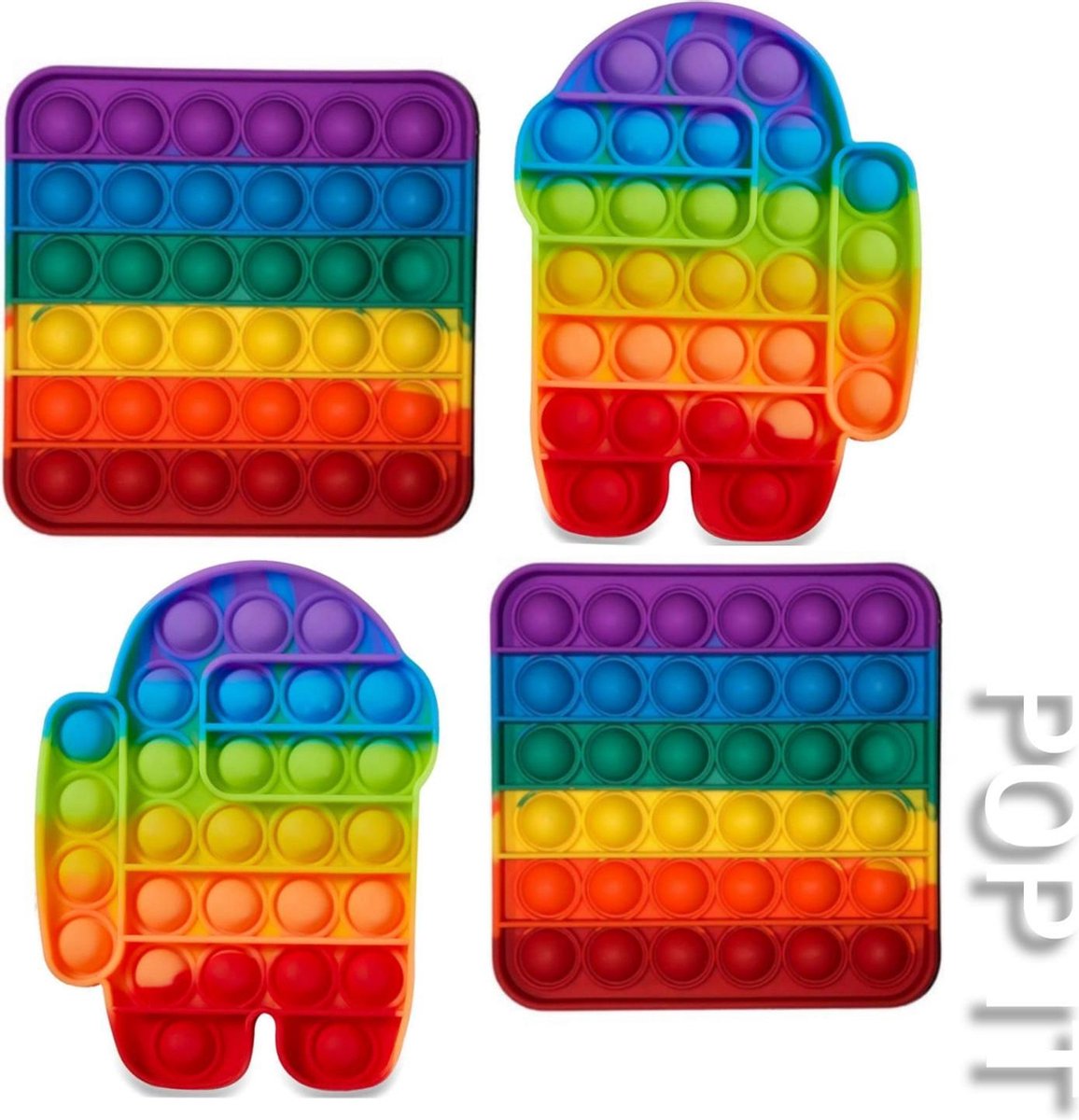 Fidget toys | Pop IT | Twing pakket van 4 stuks | 2x Rainbow vierkant + 2x Among us Regenboog | Speelgoed meisjes + jongens + volwassen | Pop It | Fidget toy